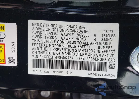 2024 Honda Civic Sport from USA, damaged, VIN 2HGFE2F58RH502775